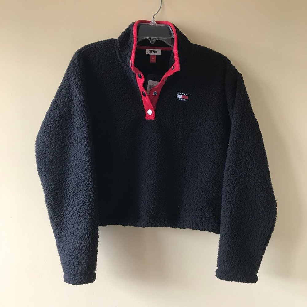 TOMMY JEANS Women Fleece Mock-Neck Top Black Size S/P NWT